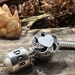Authentic Pandora Charm Ribbon Heart Bead Silver Openworks Zirconia Pave Love